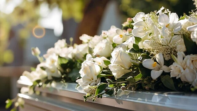 White Roses on a Coffin in an Outdoor Funeral Scene