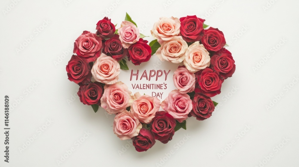 Poster roses in shades of red and pink create a heart shape, surrounding a card that reads happy valentine'