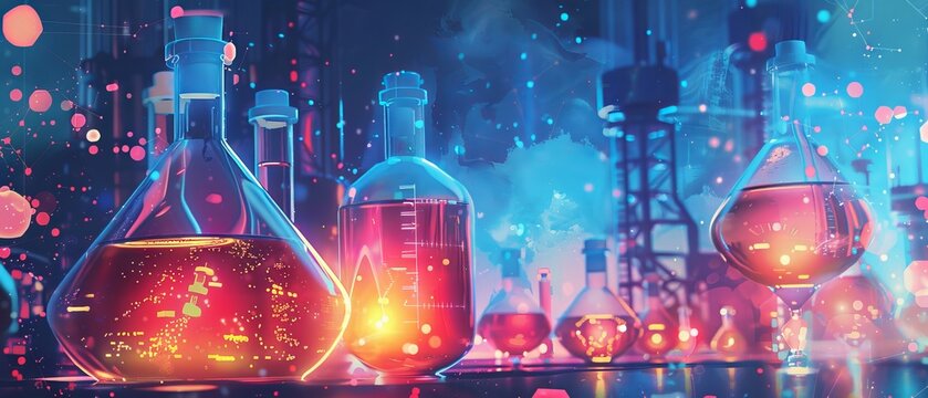 Chemical science laboratory banner with test tubes, beakers, and molecular structures on a futuristic blue background for research and education themes