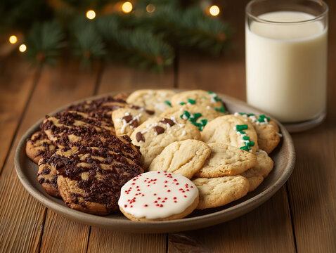 A plate of freshly baked Christmas cookies with a glass of milk on a rustic wooden table