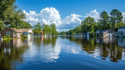 Serene Yet Dramatic View of a Flooded Neighborhood Under Blue Sky