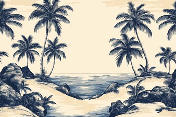 Hand-drawn illustration of tropical beach scene with palm trees and rocks. Ideal for travel brochures, websites, or any project needing a relaxing vibe.