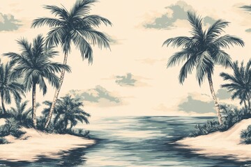Obraz premium Serene beach scene with palm trees, tranquil ocean, and soft clouds. Ideal for travel, vacation, or tropical-themed projects.