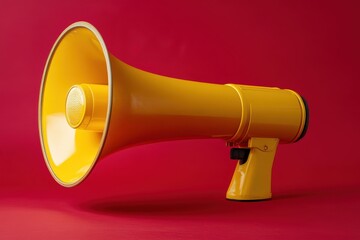 Bright yellow megaphone on red background. Ideal for announcing, marketing, or protest concepts.