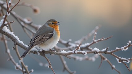 Fototapeta premium Robin Singing on Frosty Tree Branch.