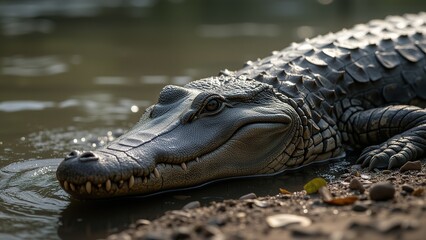 Fototapeta premium Crocodile Resting on Riverbank in Soft Light.