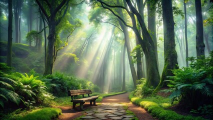 Serene Forest Path with Sunbeams Illuminating a Wooden Bench