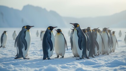 Fototapeta premium Emperor Penguins Socializing on Antarctic Ice.
