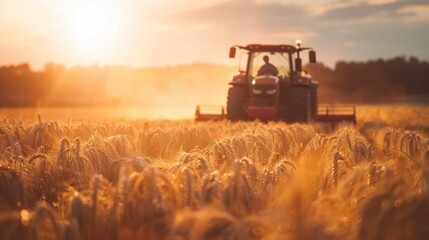 Obraz premium Tractor drives by collecting wheat harvest in the field at sunset, AI generated image