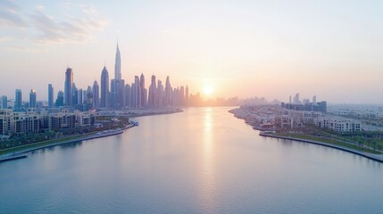 Obraz premium Sunrise over Dubai's skyline and waterfront.
