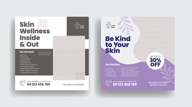 set of editable social media posts template for skin health care Services banners, ads or Dermatologist square flyer or poster beauty treatment consultation ad design