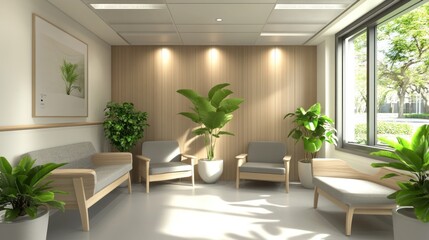 Office Waiting Room with Grey Furniture and Greenery