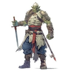 Obraz premium A green-skinned humanoid warrior with white hair, wearing armor and holding a sword and an axe.