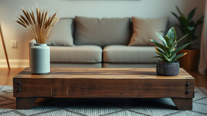 Rustic Modern Coffee Table: A low, wide, dark wood coffee table takes center stage in a minimalist living room setting.  The natural wood grain and simple design create a warm and inviting atmosphere.