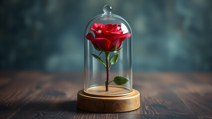 Enchanted Rose Under Glass Dome: A single, vibrant red rose, preserved within a delicate glass dome on a rustic wooden base.  A timeless symbol of beauty and fleeting moments. 