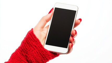 Close up cropped view photo picture of woman's hand holding showing blank empty screen of her smart telephone isolated white color backdrop