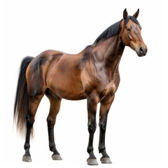 Fototapeta premium Studio shot of a muscular bay horse standing against a white background, showcasing its strength and elegance