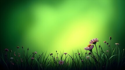 Fototapeta premium A vibrant green background with a lower portion featuring tall grass and small wildflowers in shades of pink, white, and purple.