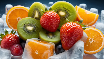 "High-Detail Image of Frozen Fruit Cubes (Strawberries, Oranges, Kiwi, and Grapes) Suspended in Clear Ice with Visible Frost and Water Droplets – Vibrant and Refreshing Frozen Concept"