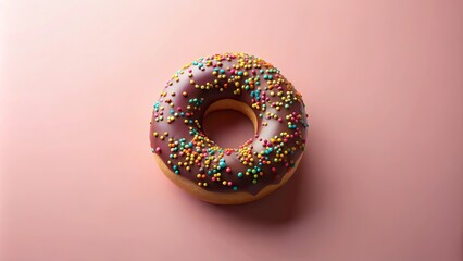 A Delicious Chocolate Donut with Colorful Sprinkles on a Pink Background