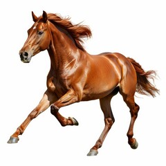 Obraz premium Powerful chestnut horse running with flowing mane and tail, isolated on white