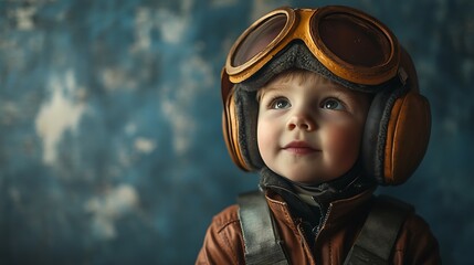 Adorable toddler boy wearing aviator helmet, looking up dreamily.