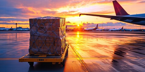 Cargo pallet at airport during sunset, showcasing vibrant skies and aircraft silhouettes.
