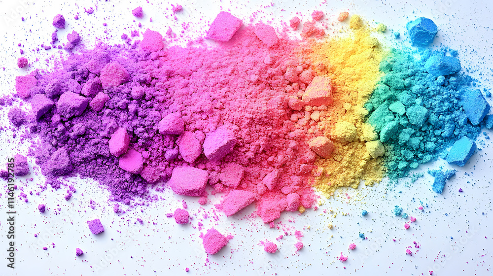 Poster a vibrant display of colorful powdered pigments arranged in a gradient, showcasing shades from purpl