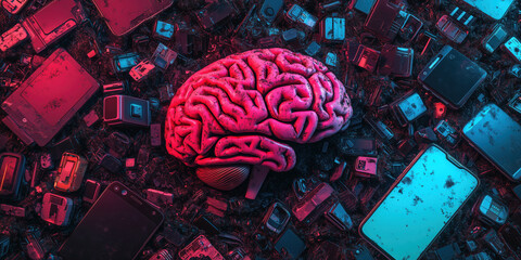 brain rot like structure made of broken smartphone parts, surrounded by devices