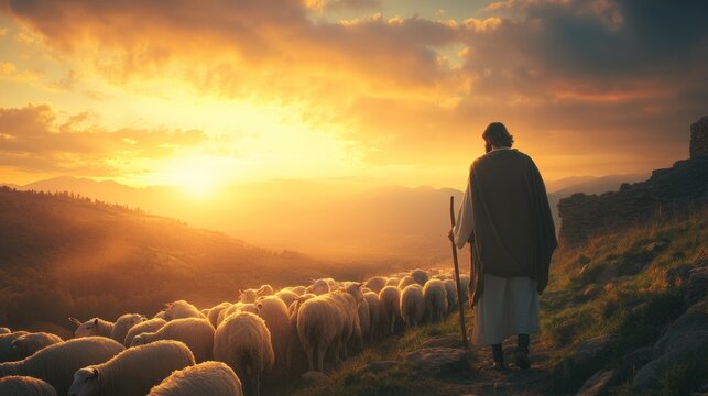 Jesus as the shepherd surrounded by his flock of sheep against a beautiful sunset sky