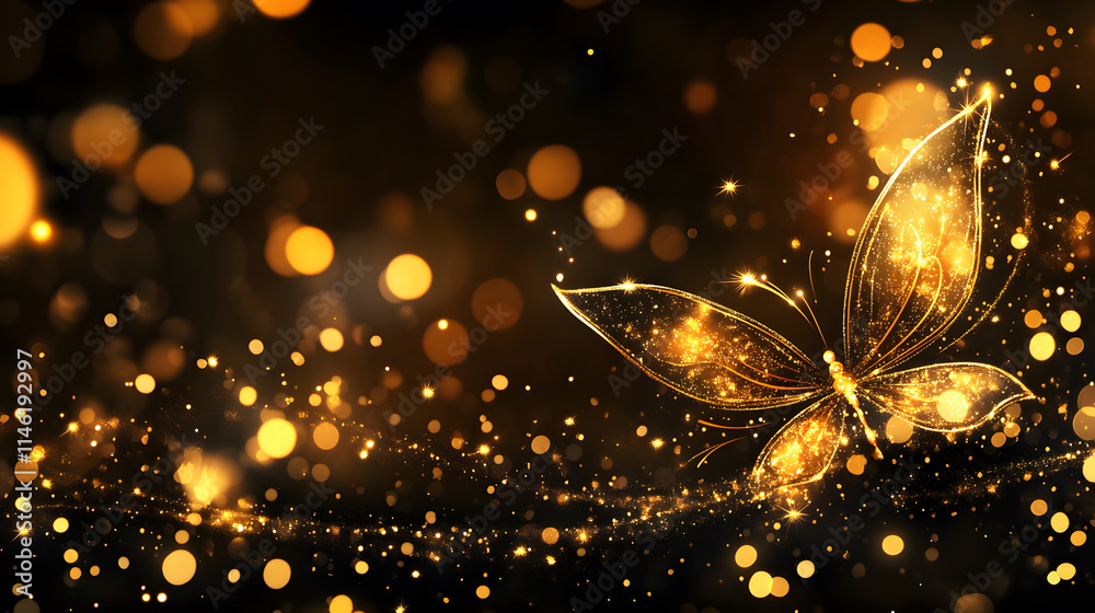 Poster A shimmering golden butterfly glides through a backdrop of sparkling lights, creating a magical and enchanting atmosphere