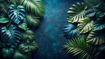 Lush Tropical Foliage Arranged on a Dark Teal Background, Ideal for Summer Designs