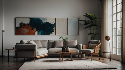 Modern living room with a sectional sofa,  wooden armchair, coffee table, and abstract artwork above a neutral colored rug.  A floor lamp stands near a window.