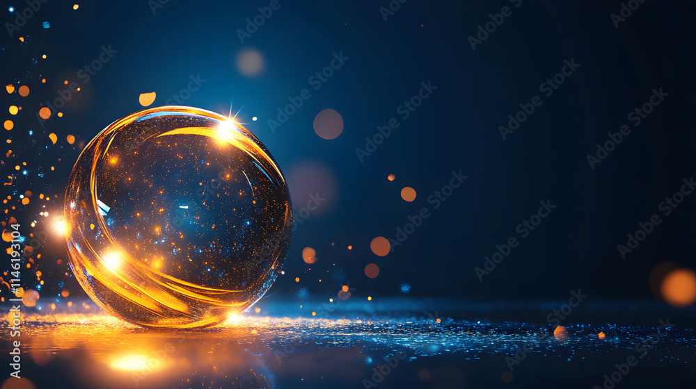 Poster a glowing crystal ball surrounded by shimmering light particles against a dark background, creating 