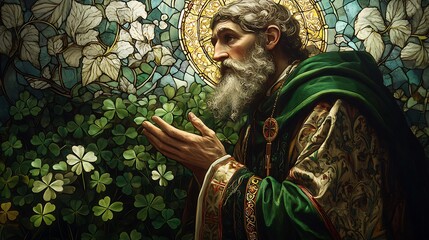 Saint Patrick depicted in a stunning stained-glass artwork, blessing a lush field of shamrocks, glowing vibrant green and white hues,