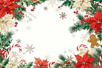 Festive Christmas Border Frame Design with Christmas Flowers, Candy Canes, Gingerbread Man, Snowflakes, and Holiday Elements for Seasonal Celebrations and Decorations