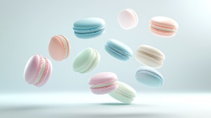 Obraz premium Pastel macarons in motion in a playful arrangement that produces a dynamic, floating effect with realistic shadows, ideal for designs with a dessert theme.