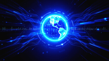 Obraz premium High-Tech Virtual Earth Enclosed by Glowing Data Rings and Light Networks