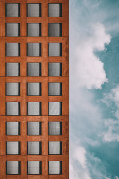 orange building against a blue sky
