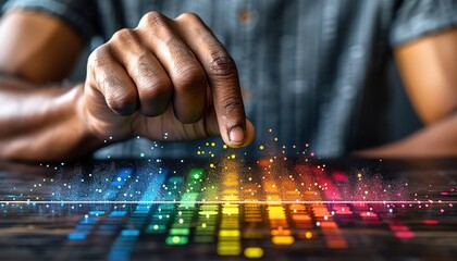 Abstract man touches colorful candlesticks with his index finger. 
