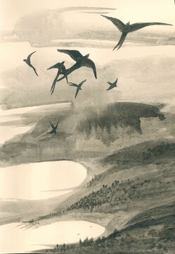 Flock of swallows flying over hills near water. Sketch for tattoo. Romantic Japanese style coastal landscape. Symbolism. Hand drawn ink illustration. Slow life vibe. Relaxing atmosphere of wild life.