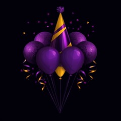 Purple party balloons and a cone hat.