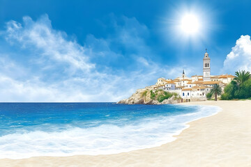 Fototapeta premium Coastal Town Summer Illustration