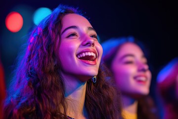 Young woman with vibrant, curly hair laughs joyfully under colorful stage lights. Perfect for themes of concerts, music festivals, or youthful energy.