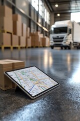 A tablet displaying a map in a warehouse, with a delivery truck and cardboard boxes in the background.