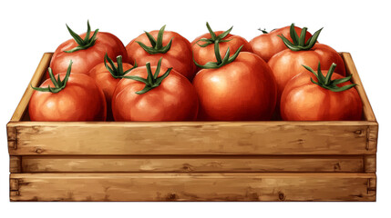 A wooden box filled with ripe red tomatoes on a transparent background.