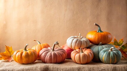 Autumn Harvest Still Life with Colorful Pumpkins and Fall Leaves on Burlap