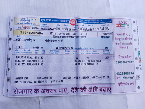 30 January 2023 Varanasi India. train ticket from Ajmer Jn to Upadhyay Jn in India