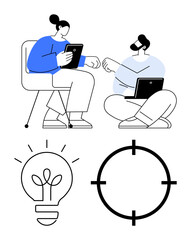 Two team members discuss ideas using tablets and a laptop. Bottom elements light bulb, target. Ideal for teamwork, brainstorming, technology, strategy, innovation, digital collaboration business