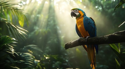 Obraz premium Blue Gold Macaw Perched On Branch In Lush Rainforest